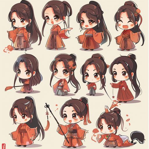 /The various expressions of the girl hanfu chibi style . multiple poses and expressions happy, angry, cry, expression love, emoji, sleep，ride a horse, eat rice, read a book, go to school， f/64 group, related character, – ar 3:4