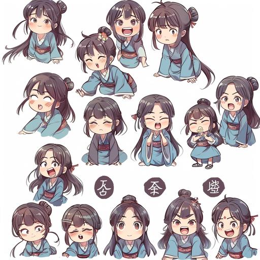 /The various expressions of the girl hanfu chibi style . multiple poses and expressions happy, angry, cry, expression love, emoji, sleep，ride a horse, eat rice, read a book, go to school， f/64 group, related character, – ar 3:4