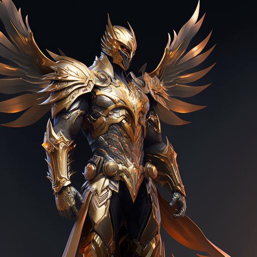 The wallpaper features the Phoenix Knight in his golden armor, in an imposing and powerful pose. The armor is depicted with ultra-realistic details, from the phoenix feathers on the pauldrons and elbow guards to the shiny gold plates that cover the Knight's entire body. His arms are crossed in front of his chest, with his hands holding the opposite shoulders, in a pose that conveys strength and confidence. The Knight's gaze is intense and determined, with his eyes fixed on the horizon, in an expression of courage and determination. The wings of the armor extend backward, suggesting the Knight's ability to fly and reach unimaginable heights. The feathers of the wings are depicted with an impressive level of detail, with each tuft delicately crafted and illuminated by the golden light of the armor. The background of the wallpaper is a stylized landscape that suggests a battlefield. The sky is painted in shades of blue and purple, with dark clouds gathering on the horizon. The ground is covered with dark green grass and stones, with the golden sunlight reflecting on the surface.