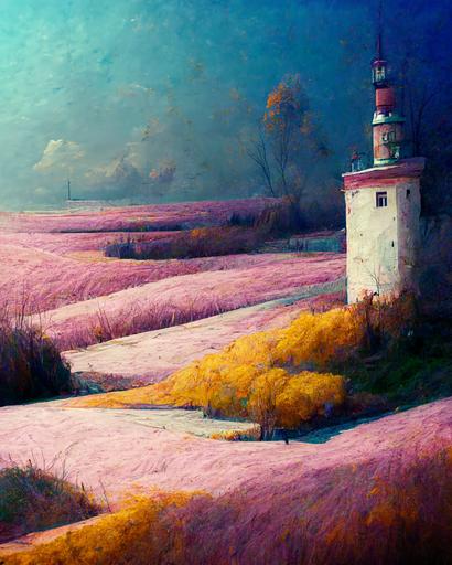 The way to the sea + white sand + pink pampas grass + lighthouse:: Impressionism art:: highly detailed, subtle cold colors:: abstract:: dreamy lighting:: style by Vincent Van Gogh:: hd:: style by surrealism:: --ar 4:5