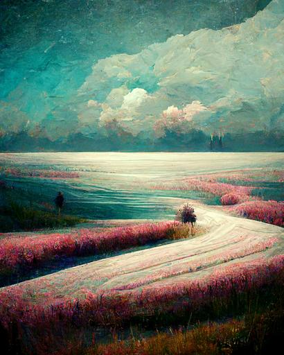 The way to the sea + white sand + pink pampas grass + waves:: Impressionism art:: highly detailed, subtle cold colors:: abstract:: dreamy lighting:: style by Vincent Van Gogh:: hd:: style by surrealism:: --ar 4:5