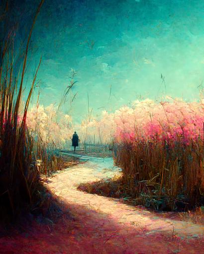 The way to the sea + white sand + pink pampas grass:: Impressionism art:: highly detailed, subtle cold colors:: abstract:: dreamy lighting:: style by Vincent Van Gogh:: hd:: style by surrealism:: --ar 4:5