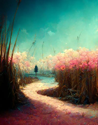The way to the sea + white sand + pink pampas grass:: Impressionism art:: highly detailed, subtle cold colors:: abstract:: dreamy lighting:: style by Vincent Van Gogh:: hd:: style by surrealism:: --ar 4:5