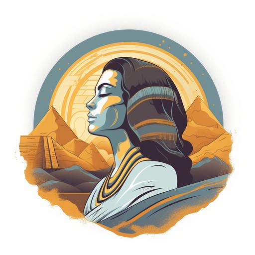 The woman's hair flows in the wind, and her eyes remain closed as she meditates inside the Sphinx, surrounded by the timeless power of ancient Egypt. T-shirt design graphic, vector, contour, white background, minimalist, no mockup.
