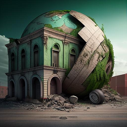 The world as a crumbling empire out with the old in with the new tech hyperrealistic green