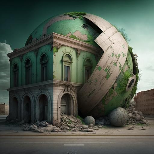 The world as a crumbling empire out with the old in with the new tech hyperrealistic green
