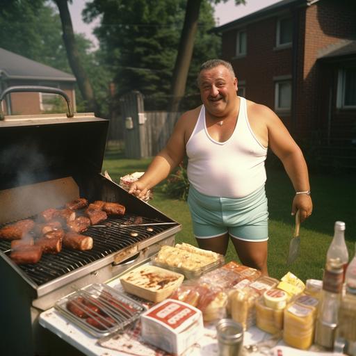 The year is 1969, a chubby mafia looking italian man in his mid 60s wearing shorts and a white tank top, outside at a family bbq, charcole bbq grill with food cooking on the grill, smoke is coming off the grill, folding tables with cheap looking table clothes and tin trays full of italian food spread out on the table, its a bright sunny day in july, there are a few clouds in the sky, this image is real, full of details and professional and relistic