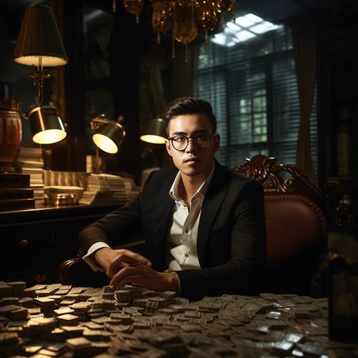 The young man, wearing glasses, is seated beside a large table with abundant money spread across it, within an opulent and dimly lit space adorned with high-end furnishings, exuding a sophisticated business ambiance --w 2 --style raw