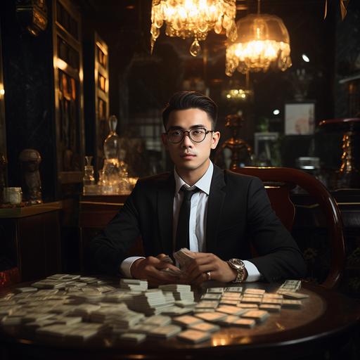 The young man, wearing glasses, is seated beside a large table with abundant money spread across it, within an opulent and dimly lit space adorned with high-end furnishings, exuding a sophisticated business ambiance --w 2 --style raw