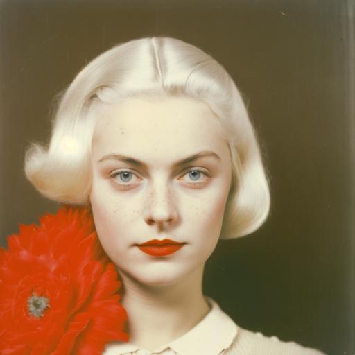 The young woman depicted in the photo has a unique and daring look, with her straight white hair and striking red tips. Her hair is long and straight, and the contrast between the white and red colors is remarkable. Her face is symmetrical and delicate, with well-designed eyebrows and large, expressive eyes. A flower covers her left eye. She wears subtle makeup, enhancing her natural beauty. Her lips are lightly painted with a soft pink lipstick. She wears a simple white blouse, highlighting her hair and face. The photo is well-lit and the young woman is looking directly at the camera with a gentle smile on her lips, conveying a calm and confident energy. Overall, the image captures the striking personality of this young woman, who dares to be different and draws attention for her unique beauty.