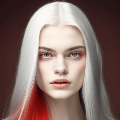 The young woman portrayed in the photo has a unique and bold look, with her straight white hair and striking red tips. Her hair is long and straight, and the contrast between the white and red colors is striking. Her face is symmetrical and delicate, with well-designed eyebrows and large, expressive eyes. She wears subtle makeup, enhancing her natural beauty. Her lips are lightly painted with a soft red lipstick. She wears a simple white blouse, highlighting her hair and face. The photo is well-lit and the young woman is looking directly at the camera with a gentle smile on her lips, conveying a calm and confident energy. Overall, the image captures the striking personality of this young woman, who dares to be different and draws attention for her unique beauty 8k definition