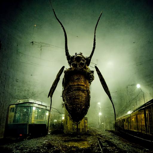 Giant insect photography, abandoned city, gothic horror, cosmic horror, hyper realism, abandoned photography, paramecium, abandoned cathedral, abandoned subway station, hippo skulls, abandoned catacombs, xipetotec, crowd at the gallows, dark ritual