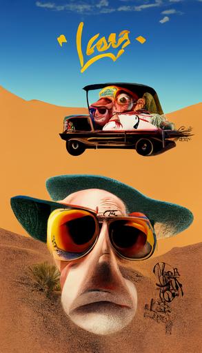 a pixar style movie poster for 'Fear and Loathing in Las Vegas', with the logo for 'Fear and Loathing in Las Vegas', with a caricature o Dr Gonzo and Hunter S Thompson in a car driving through the desert, cartoon, realism, 3d, fun, --ar 9:16