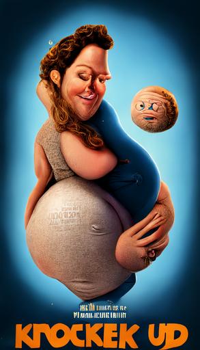 a pixar style movie poster for 'Knocked Up', with the logo for 'Knocked Up,', with a caricature of Seth Rogan and a large pregnant woman, cartoon, realism, 3d, fun, --ar 9:16