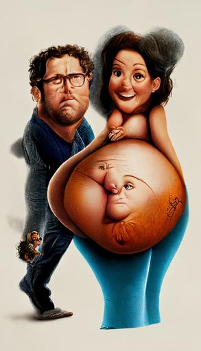 a pixar style movie poster for 'Knocked Up', with the logo for 'Knocked Up,', with a caricature of Seth Rogan and a large pregnant woman, cartoon, realism, 3d, fun, --ar 9:16