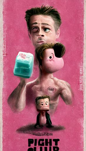 a pixar style movie poster for the 'Fight Club', with a Fight Club logo, with a cartoon caricature Brad Pitt holding pink soap, in the style of pixar, render, cartoon, playful, funny, cool, realistic --ar 9:16