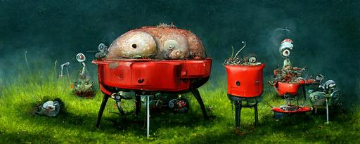 machinarium, family barbecuing red seasquirts on a roaster, in a backgarden with a patchy grass lawn ::8k::high-resolution::hyperrealism : : hyperrealistic ::highly detailed : : ultra-realistic, --seed 322213417 --ar 32:9