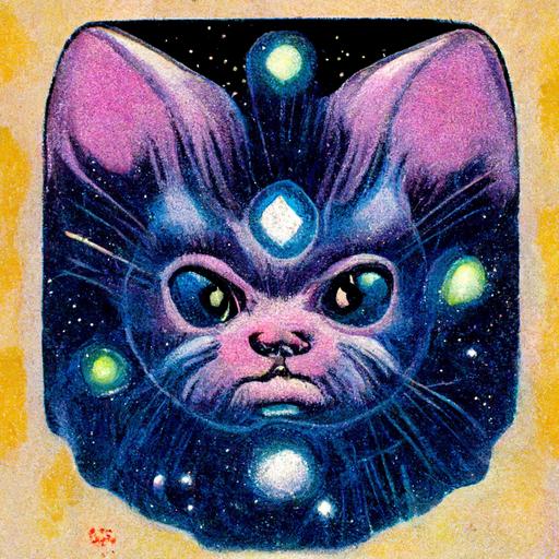 A cute cat, Nebulous translucent crystalline Galactic Cosmic, by Jack Kirby