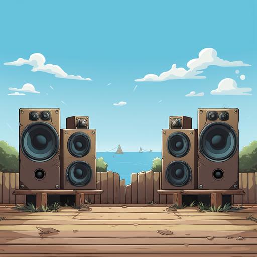 There are a pair of big speakers on the fence, widely separated, cartoon style