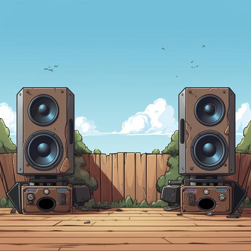 There are a pair of big speakers on the fence, widely separated, cartoon style