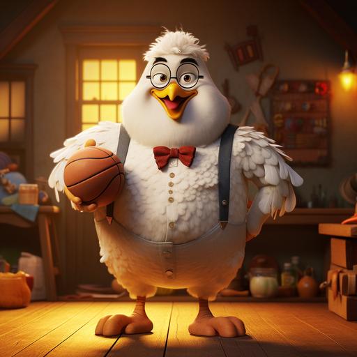 There are chickens, there are eggs, there are chicken coops, there are people, chickens can sing and dance reps, they can also play basketball, people wear black and white suspenders, Pixar style