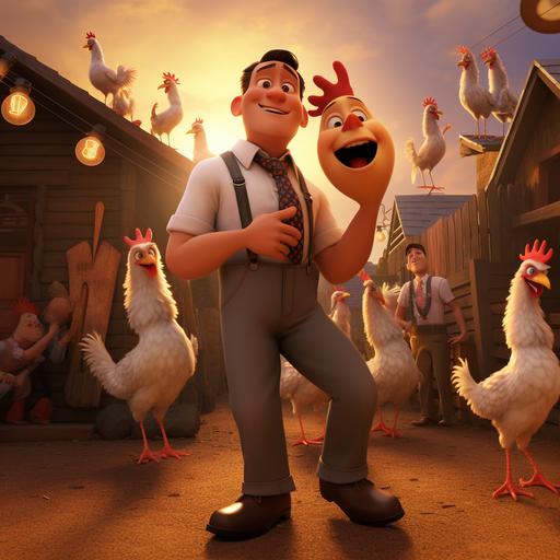 There are chickens, there are eggs, there are chicken coops, there are people, chickens can sing and dance reps, they can also play basketball, people wear black and white suspenders, Pixar style