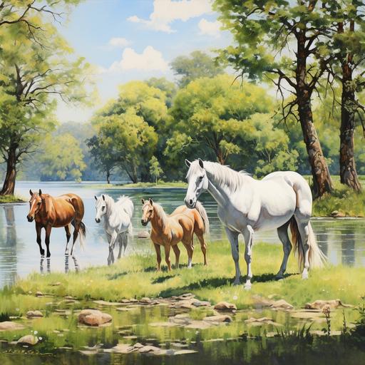 There are five horses by a lake under an oak tree. The oak tree is on the left hand side of the frame. One white horse stands nearest the lake with its hind foot slightly raised. Two dark brown thoroughbred mares nurse their foals under the tree. The lake is on the right hand side of the frame. The five horses are in the center of the frame. Color palette in the renaissance painterly style. The sky is slightly cloudy and gray.