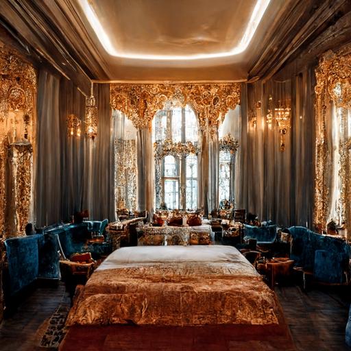 There was a table and chair in front of the door, and a large bed and desk on the left.Overhanging windows, luxurious blue curtains, closets and small chests.Is this a luxury hotel or a foreign castle?