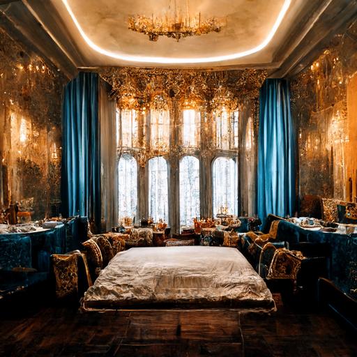 There was a table and chair in front of the door, and a large bed and desk on the left.Overhanging windows, luxurious blue curtains, closets and small chests.Is this a luxury hotel or a foreign castle?