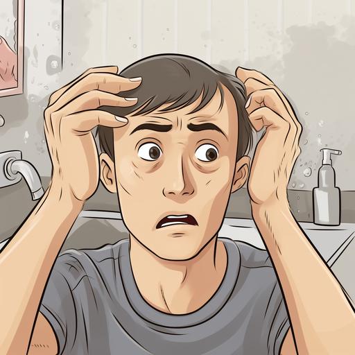 There's an ordinary Korean guy in his late 30s in the bathroom. He's using shampoo to wash his hair and staring at the missing hair in his hand. The missing hair is almost half the palm of his hand. He's wearing a clean gray t-shirt. He's not bald because he's in the early stages of hair loss, but he has 70% of his hair. He draws the front and his expression is very gloomy and insecure.