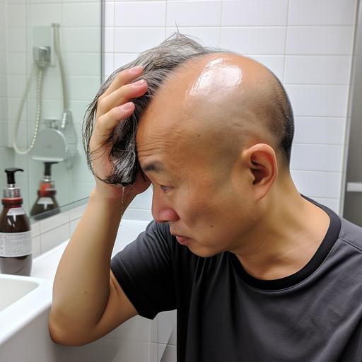 There's an ordinary Korean guy in his late 30s in the bathroom. He's using shampoo to wash his hair, and he's staring at the missing hair in his hand. He's wearing a clean gray t-shirt. He's in the early stages of hair loss, so he only has 70% of his hair left on the top of his head. Draw the front and his expression is very depressing and insecure.