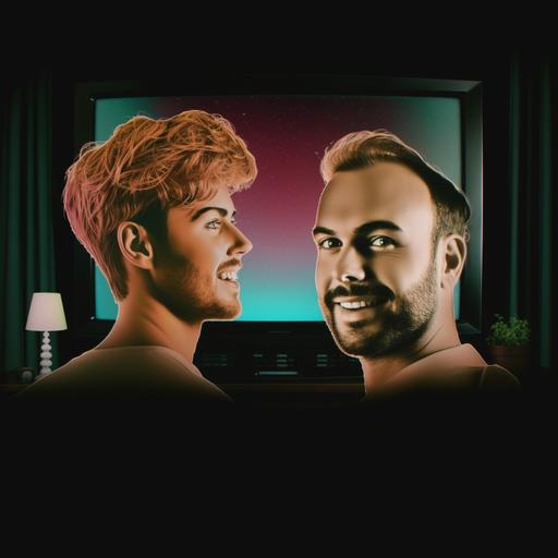 These two heads bursting out of a 1950s TV set, the heads coming out of the TV and into real life, a 1950s family watching the TV in shock, Technicolor image, view from behind family, family are silhouette vignette around the perimeter of the image, the TV is at the centre of the image and is unobstructed by the family, clearly seeing the two heads bursting out, the TV is a giant magic glowing 1950s TV set and is illuminating the faces of the family, the family is a mother, and father, a son and a daughter, the TV is magical and a centrepiece to the image, Norman Rockwell style, airbrush painting --v 5 --v 5