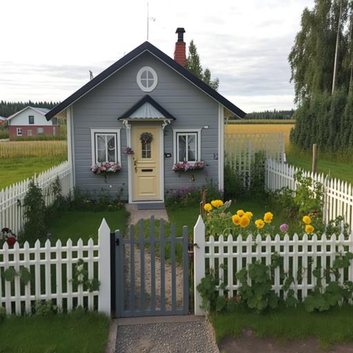 A small, simple but cozy house, painted in gray and white colors. The gate is made of a colorful rose trellis. The entrance is also decorated with various kinds of flowers. In front of the house, on the right side, there is a spacious yard arranged into a vegetable garden with many types of vegetables divided into different plots. The plots include tomatoes, cucumbers, pumpkins, bitter gourds, lettuce, cabbage, white turnips, red turnips, and corn. On the left side, there is a small fish pond surrounded by vetiver grass, and there are five white ducks swimming under the water. Next to the porch is a parking spot for a Honda BR-V car. Alongside the house is a row of lush green climbing plants. On the porch, there is a simple set of chairs and a table where the family enjoys breakfast and coffee. Behind the house is a fruit orchard with various trees, such as coconut, pomelo, mango, loquat, and guava. There is also a large fish pond behind the house, surrounded by vetiver grass. Beside it, there is a row of chicken coops with roosters, hens, and chicks.