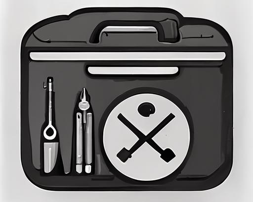 a simple icon depcting a toolbox containg several working tools, pens, rulers, brushes and more. Simple, black and white style. --ar 4:3