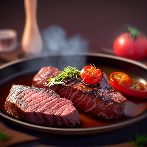 Thick juicy charcoal Wagyu steak in brown sauce with tomatoes and herbs, cinematic picture, hyperrealistic, 16K, ray tracing, finely detailed, Unreal Engine 5 --upbeta --test --creative --upbeta --upbeta
