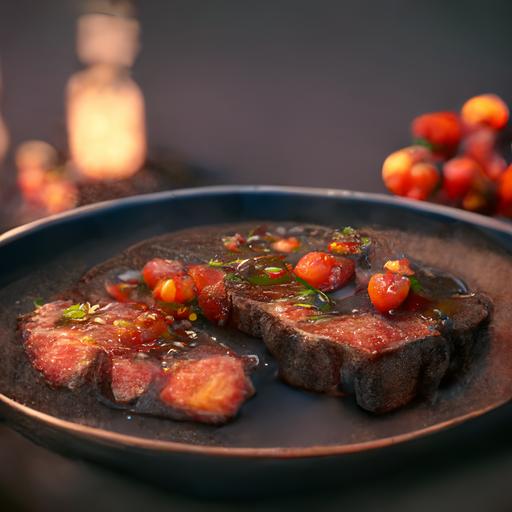 Thick juicy charcoal Wagyu steak in brown sauce with tomatoes and herbs, cinematic picture, hyperrealistic, 16K, ray tracing, finely detailed, Unreal Engine 5 --uplight
