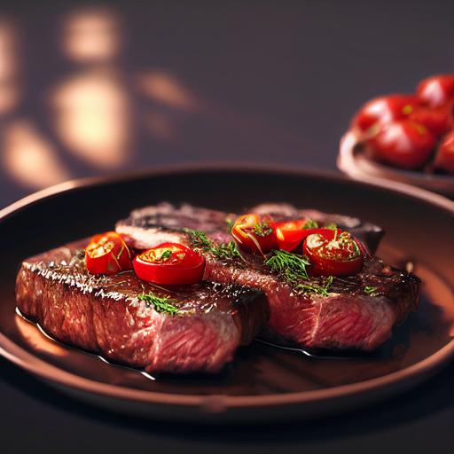 Thick juicy charcoal Wagyu steak in brown sauce with tomatoes and herbs, cinematic picture, hyperrealistic, 16K, ray tracing, finely detailed, Unreal Engine 5 --test --creative --upbeta