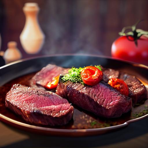 Thick juicy charcoal Wagyu steak in brown sauce with tomatoes and herbs, cinematic picture, hyperrealistic, 16K, ray tracing, finely detailed, Unreal Engine 5 --upbeta --test --creative --upbeta