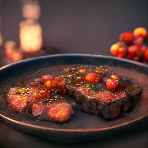 Thick juicy charcoal Wagyu steak in brown sauce with tomatoes and herbs, cinematic picture, hyperrealistic, 16K, ray tracing, finely detailed, Unreal Engine 5 --upbeta