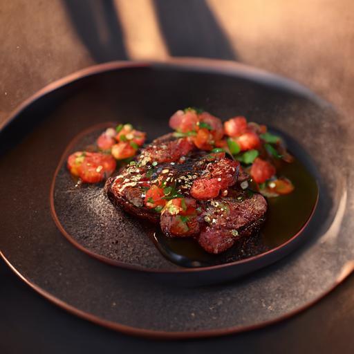 Thick juicy charcoal Wagyu steak in brown sauce with tomatoes and herbs, cinematic picture, hyperrealistic, 16K, ray tracing, finely detailed, Unreal Engine 5