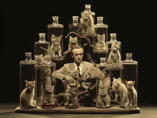 Thirty Exquisite bonsai lynx kittens in a bottle meticulously constructed over three days by Michael Caine during an epic bender on the set of Mister Roger’s Neighborhood during the heady days of the roaring ‘20s --ar 4:3