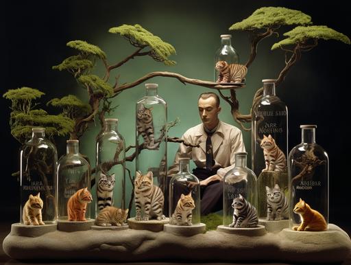 Thirty Exquisite bonsai lynx kittens in a bottle meticulously constructed over three days by Michael Caine during an epic bender on the set of Mister Roger’s Neighborhood during the heady days of the roaring ‘20s --ar 4:3