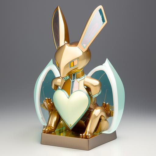 This artwork features a cartoonish humanoid rabbit sculpture with a metallic sheen. The rabbit's long and pointed ears take up almost half of the sculpture's overall proportions, giving it a strong futuristic feel. The sculpture is posed similarly to the Hearthunter 