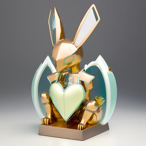 This artwork features a cartoonish humanoid rabbit sculpture with a metallic sheen. The rabbit's long and pointed ears take up almost half of the sculpture's overall proportions, giving it a strong futuristic feel. The sculpture is posed similarly to the Hearthunter 