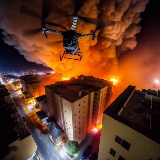 This captivating photo captures an extraordinary scene: one drone is up in the air, filming another drone that is busily recording the situation of a burning city building below. Flames rage, illuminating the night sky, while fire ladder trucks urgently respond to the scene, courageously diving into the blaze for firefighting and rescue operations. From the perspective of the first drone, we can clearly see the second drone hovering midair, steadily capturing the dynamics of the fire scene. On the ground, the flames atop the skyscraper seem even more terrifying, but the brave firefighters are urgently operating the ladder truck, fearless and determined to combat the raging fire. This photo bears testament to the incredible resilience of both human and technological capabilities in the face of adversity.
