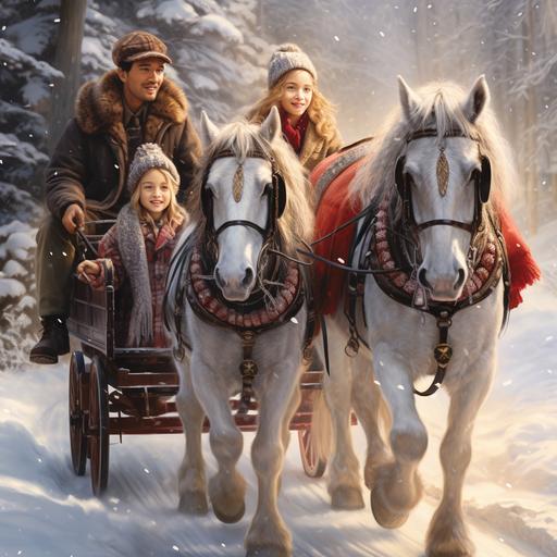 This image depicts a sleigh ride with a horse-drawn sleigh festively decorated with small golden bells, which is pulled by 2 dapple gray horses on a forest path through a dreamy winter forest, 2 small children and their parents sit in the horse-drawn sleigh, wrapped up in checkered wool blankets. The family has great fun and sings a Christmas carol. Frost-covered trees and grass, as well as a frozen stream next to the path complete the scene. Thick snowflakes are falling. Musical notes swing through the air. --s 250