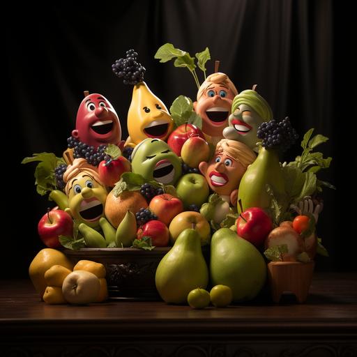 This image portrays a unique and imaginative scene where no humans are present, only characters made of fruits and vegetables. In the foreground, three singers and four musicians, each crafted from different fruits and vegetables, are in the midst of a performance. The singers, resembling an apple, a banana, and a bunch of grapes, hold sheet music. The musicians, shaped like a carrot, cucumber, and other vegetables, play a variety of creatively designed instruments that include a violin, cello, trumpet, flute, and harp. Each instrument is artistically integrated with the fruit and vegetable theme. The setting is a concert hall, showcasing a blend of whimsicality and classical music elegance.