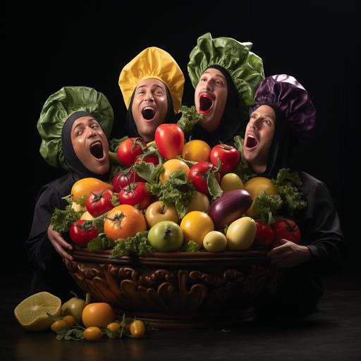 This image portrays a unique and imaginative scene where no humans are present, only characters made of fruits and vegetables. In the foreground, three singers and four musicians, each crafted from different fruits and vegetables, are in the midst of a performance. The singers, resembling an apple, a banana, and a bunch of grapes, hold sheet music. The musicians, shaped like a carrot, cucumber, and other vegetables, play a variety of creatively designed instruments that include a violin, cello, trumpet, flute, and harp. Each instrument is artistically integrated with the fruit and vegetable theme. The setting is a concert hall, showcasing a blend of whimsicality and classical music elegance.