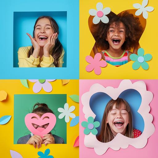 This image presents a collage of four portraits, each framed by cut-out shapes in bright, pastel-colored backgrounds. In the top left, a woman puffs her cheeks and crosses her eyes humorously against a blue and yellow backdrop. The top right shows a smiling child, peering through flower-shaped cut-outs in a green background. The bottom left image features a person laughing heartily with a white splotch backdrop on yellow. Finally, the bottom right image has a person grinning broadly, framed by a heart-shaped pink cut-out. The playful and creative framing, paired with the subjects' expressions, conveys a cheerful and lighthearted mood.