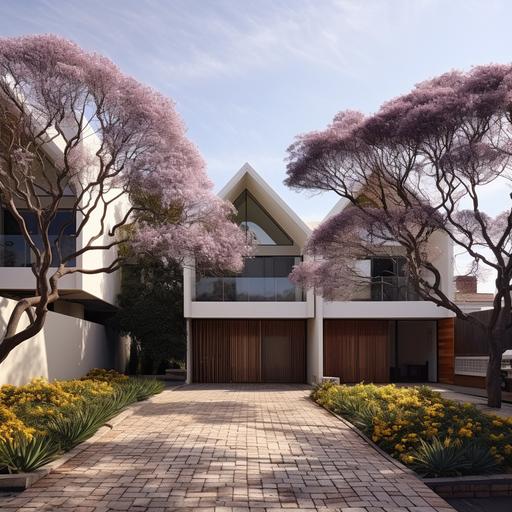 This image with red brick color of exterior walls and baobab trees, jacaranda trees ,daisy flowers, african shrubs, manicured garden, clean and modern, noon time bright image with sunlight, white limestone paving